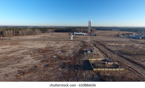 Aerial view of satellite tower somewhere in Russian fields
