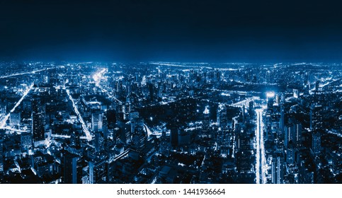 Aerial View Of Sathorn Intersection Or Junction With Cars Traffic, Bangkok Downtown. Thailand. Financial District And Business Centers In Smart Urban City. Skyscraper And High-rise Buildings At Night.