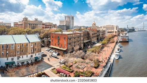 Aerial view of Savannah, Georgia skyline along River Street. Savannah is the oldest city in the U.S. state of Georgia and is the county seat of Chatham County.