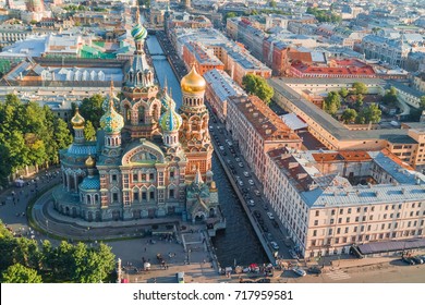 Aerial view of the Savior on Spilled Blood and the channel in Saint Petersburg, Russia