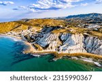 Aerial view of Scala dei Turchi, a rocky cliff on the coast of Realmonte, near Porto Empedocle, southern Sicily, Italy