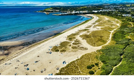 Aerial view of a scenic beach with golden sand, gentle waves, and lush green surroundings, in Cornwall, UK. - Powered by Shutterstock