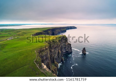Aerial view of the scenic Cliffs of Moher in Ireland. This popular tourist attraction is situated in County Clare along the Wild Atlantic Way.
