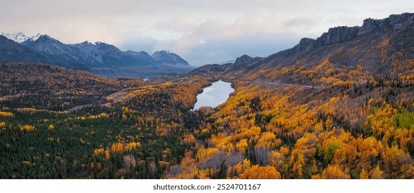 Aerial view of scenic Long lake with bright colorful fall foliage in Autumn time. - Powered by Shutterstock