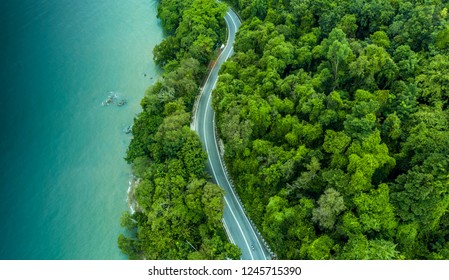 Aerial View Of Scenic Road Along The Coast Of Penang, Malaysia.