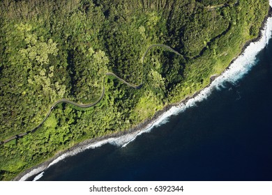 Aerial View Of Scenic Road Along Coast Of Maui, Hawaii.