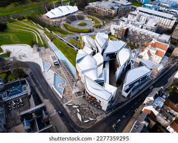 Aerial view of Scottish Parliament in Edinburgh, located on the Royal Mile in the Canongate, Scotland