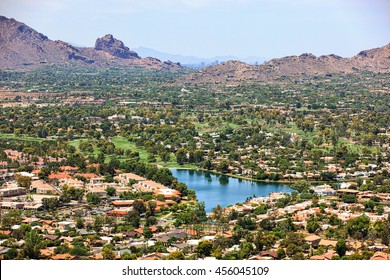 Aerial View From Scottsdale To Phoenix, Arizona Above Golf Course And Upscale Homes