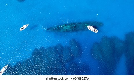 Aerial View Of SCUBA Diving Boats Over A Shipwreck In The Cayman Islands