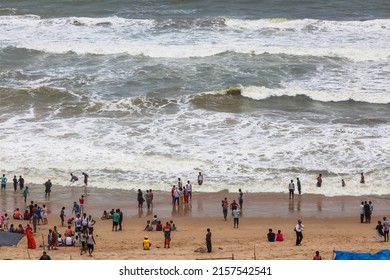 Aerial View Of Sea Beach With Crowd Of Tourists At Puri, Odisha, India Dated May 12, 2022.