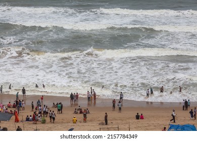 Aerial View Of Sea Beach With Crowd Of Tourists At Puri, Odisha, India Dated May 12, 2022.