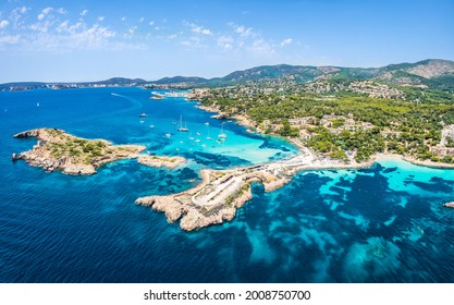 Aerial view of the sea coastline and Cala Xinxell,  Illetas, Mallorca island, Spain