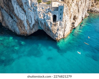 Aerial view of sea and coastline, Sardinia, Italy. Porto Flavia, kayaks - Powered by Shutterstock