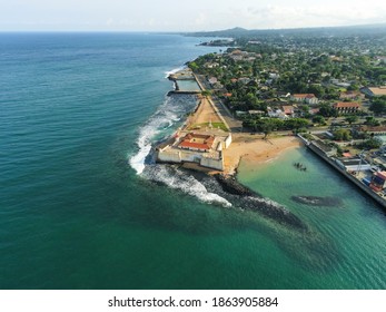 Aerial View From The Sea Of  São Sebastião Fort  In São Tomé E Principe, And The City Cost 