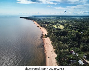 Aerial view of sea with line of sand and green forest. Blue sky.