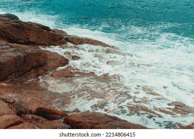 Aerial View Of Sea Waves Breaking On Rocky Cliff, Adventure Summer Travel Vacation, Perseverance And Resilience, Hydropower Clean Renewable Energy, Decarbonization.Australia Rock Nature.sea Wave Cliff