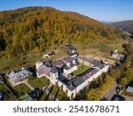 Aerial view of the Secu Orthodox monastery in the Stanisoarei mountains, Neamt county, Romania