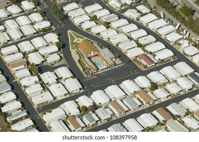 Aerial View Of Senior Retirement Community Of Mobile Homes In Ventura County, Ojai, California