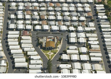 Aerial View Of Senior Retirement Community Of Mobile Homes In Ventura County, Ojai, California