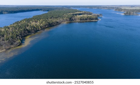 Aerial view of a serene lake surrounded by lush green forests and wetlands. The water is calm, reflecting the blue sky and trees. The landscape features land and water, with reeds and sandy shores. - Powered by Shutterstock