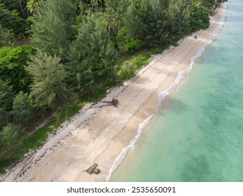 Aerial view of a serene tropical beach with lush greenery and clear blue water. - Powered by Shutterstock