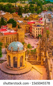 Aerial view of Seville city and Cathedral of Saint Mary of the See in Seville as see from seen from the Giralda tower. Seville, Andalusia, Spain, Europe