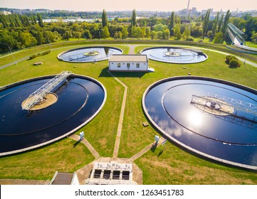  Aerial view to sewage treatment plant. Grey water recycling. Waste management in European Union.
