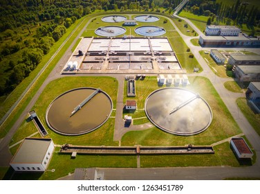  Aerial View To Sewage Treatment Plant. Grey Water Recycling. Waste Management In European Union.