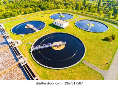 Aerial View To Sewage Treatment Plant. Grey Water Recycling. Waste Management In European Union.