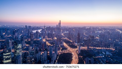 Aerial View Of Shanghai City In The Dawn