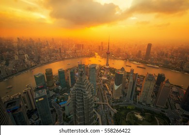 Aerial View Of Shanghai At Night From Jinmao Building, Best Point Roof Top View In Shanghai City, China With Sunset