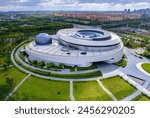 Aerial view of Shanghai Planetarium, Lingang New Town, Shanghai, China