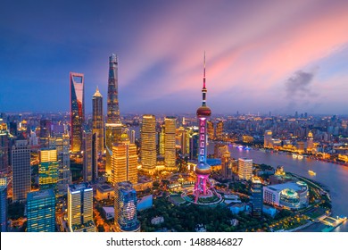 Aerial View Of Shanghai Skyline At Night,China.