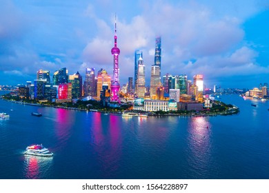 Aerial View Of Shanghai Skyline At Night,China.