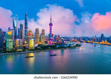 Aerial View Of Shanghai Skyline At Night,China.