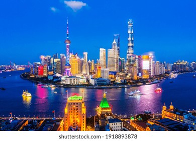 Aerial View Of Shanghai Skyline At Night,China.