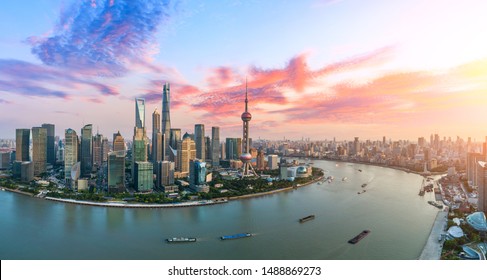 Aerial View Of Shanghai Skyline At Sunset,China.