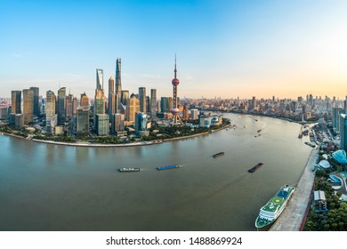 Aerial View Of Shanghai Skyline At Sunset,China.