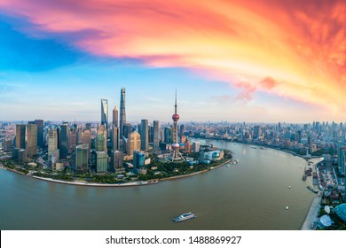 Aerial View Of Shanghai Skyline At Sunset,China.