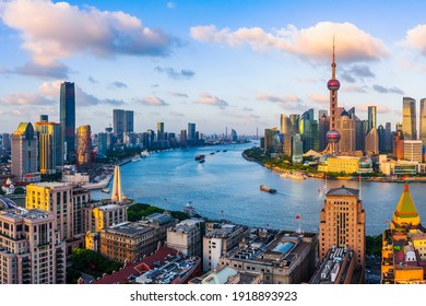 Aerial View Of Shanghai Skyline At Sunset,China.