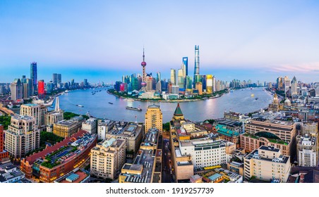 Aerial View Of Shanghai Skyline At Sunset,China.