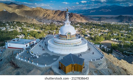 Aerial view Shanti Stupa buddhist white domed stupa overlooks the city of Leh, The stupa is one of the ancient and oldest stupas located in Leh city, Ladakh, Jammu Kashmir, India.