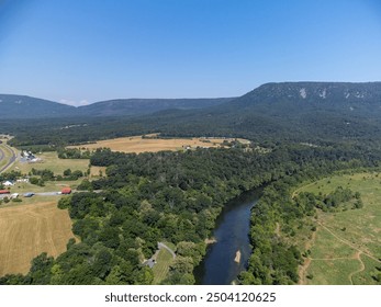 Aerial View of the Shenandoah River and Shenandoah mountains in Luray Virginia. 