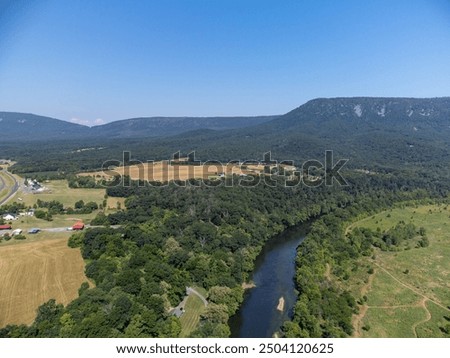 Aerial View of the Shenandoah River and Shenandoah mountains in Luray Virginia. 