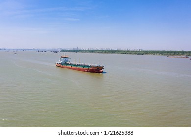 Aerial View Of Ships On Yangtze River In Nanjing City.