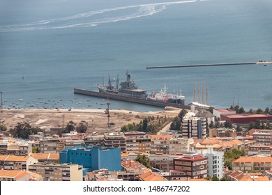 Aerial view ships in the port of Almada, Lisbon, Portugal