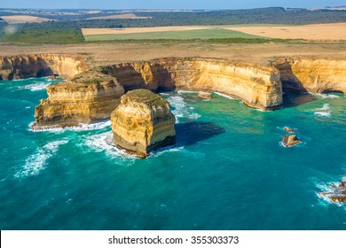 Aerial View Of Shipwreck Coast On The Great Ocean Road In Victoria, Australia Famous Attraction Of The Port Campbell National Park.