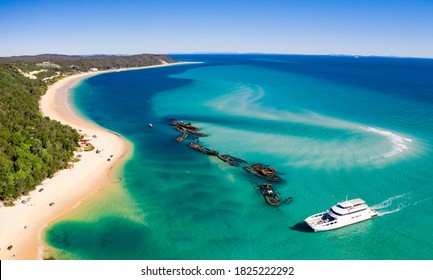 An aerial view of the shipwrecks and ferry on Moreton Island, Queensland, Australia - Powered by Shutterstock