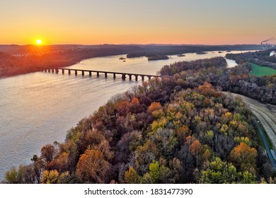 Aerial view of Shocks Bridge on the Susquehanna River at sunset