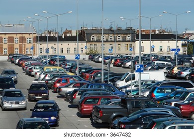 Aerial View Of Shopping Center Car Crowded Parking Lot